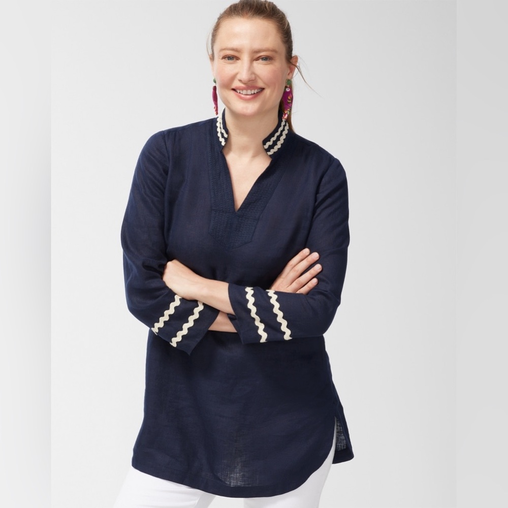 NWT | Chico’s Linen Rick Rack Trim Tunic | Navy Blue